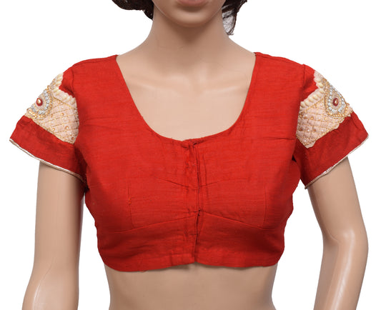 Sushila Vintage Readymade 36" Sari Blouse Red Silk Woven Designer Choli Top