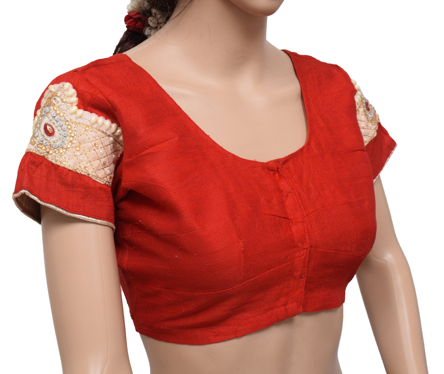 Sushila Vintage Readymade 36" Sari Blouse Red Silk Woven Designer Choli Top