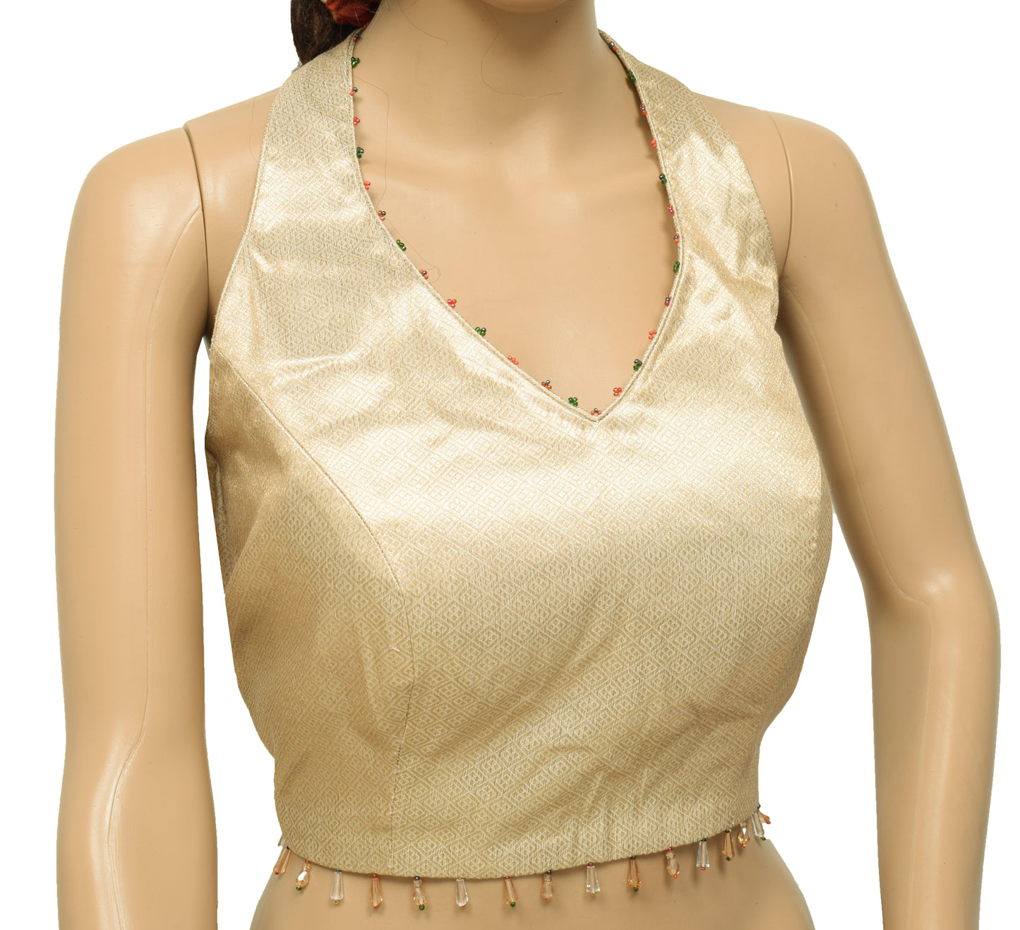 Sushila Vintage Readymade 36" Halter Neck Silk Designer Cream Saree Blouse