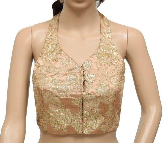 Sushila Vintage Readymade 32" Halter Neck Satin Designer Brown Saree Blouse