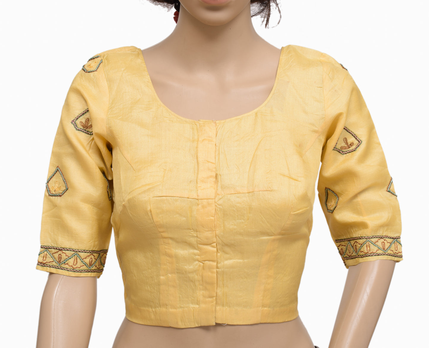 Sushila Vintage Readymade 32" Silk Sari Blouse Yellow Embroidered Choli Top