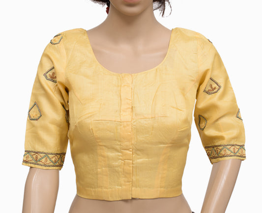 Sushila Vintage Readymade 32" Silk Sari Blouse Yellow Embroidered Choli Top