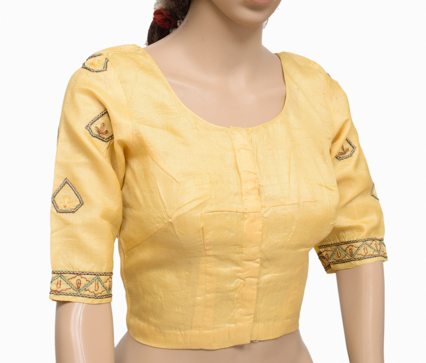 Sushila Vintage Readymade 32" Silk Sari Blouse Yellow Embroidered Choli Top