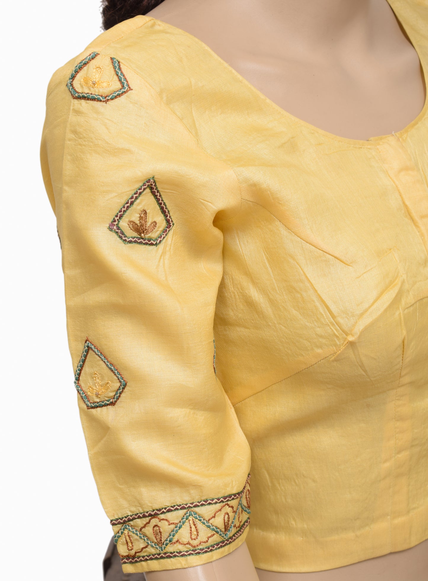 Sushila Vintage Readymade 32" Silk Sari Blouse Yellow Embroidered Choli Top