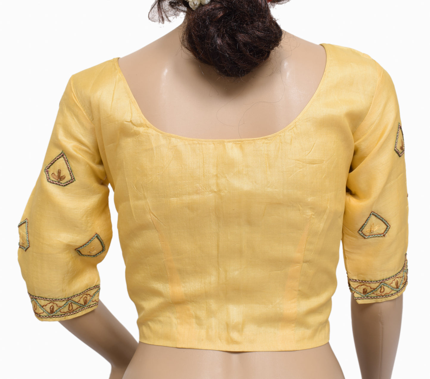 Sushila Vintage Readymade 32" Silk Sari Blouse Yellow Embroidered Choli Top
