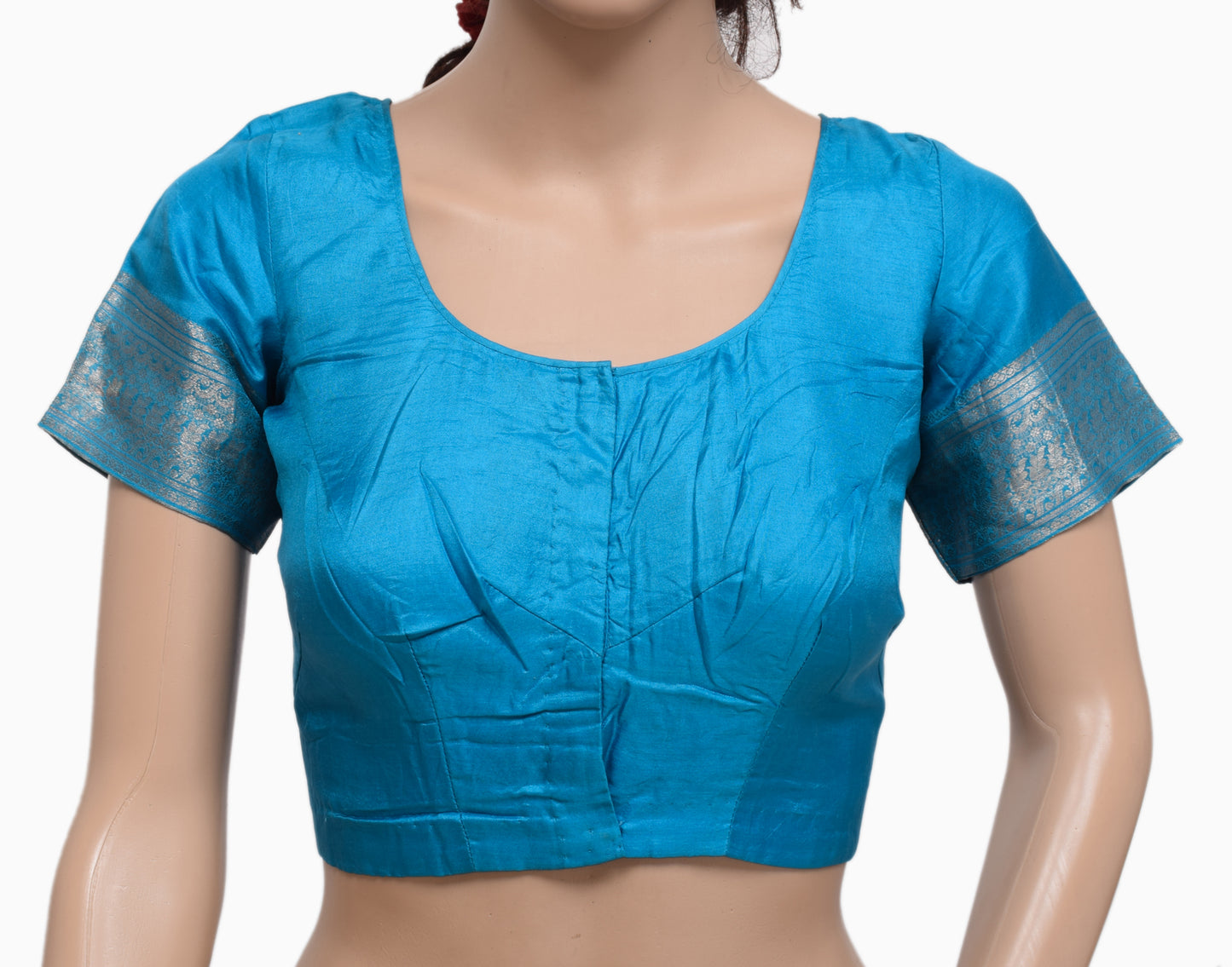Sushila Vintage Readymade 34" Sari Blouse Blue Silk Woven Designer Choli