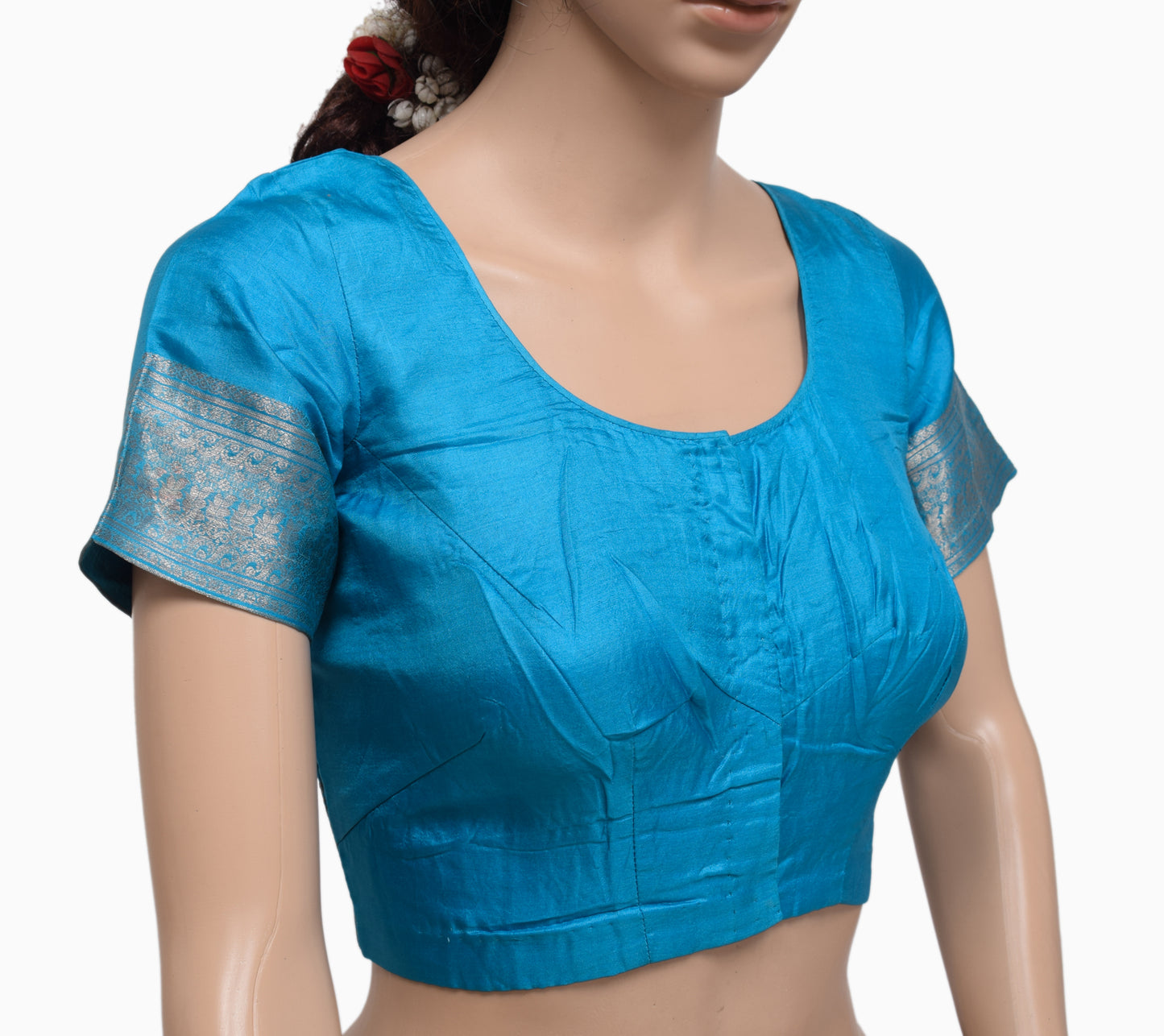 Sushila Vintage Readymade 34" Sari Blouse Blue Silk Woven Designer Choli