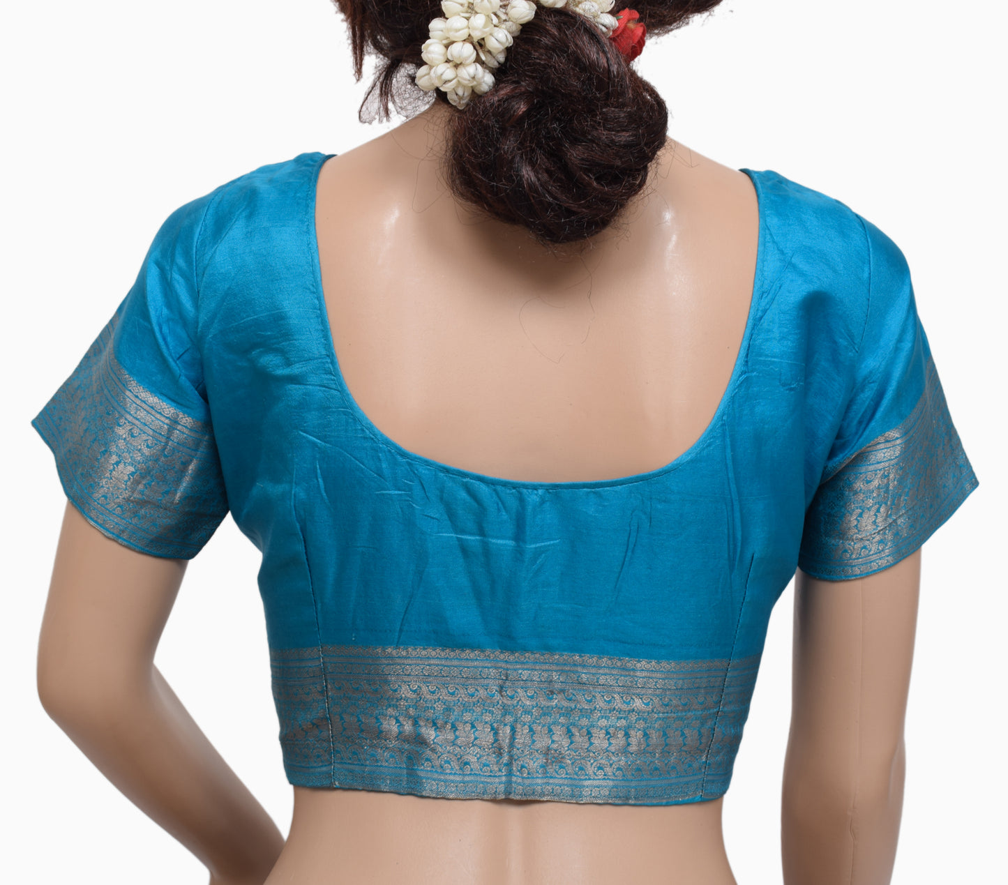 Sushila Vintage Readymade 34" Sari Blouse Blue Silk Woven Designer Choli
