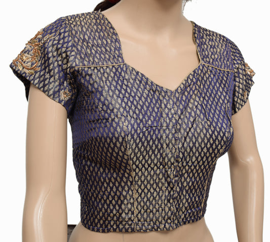 Sushila Vintage Readymade 34" Silk Sari Blouse Blue Woven Designer Choli