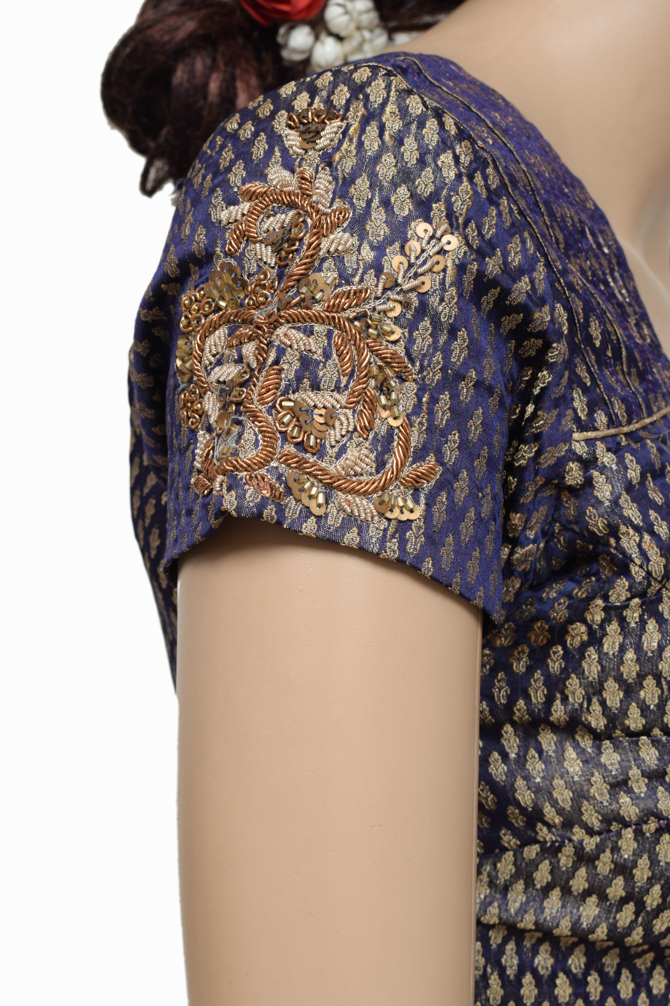 Sushila Vintage Readymade 34" Silk Sari Blouse Blue Woven Designer Choli