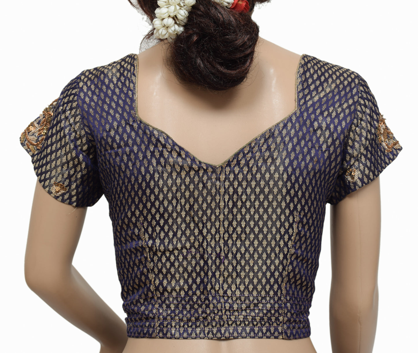 Sushila Vintage Readymade 34" Silk Sari Blouse Blue Woven Designer Choli