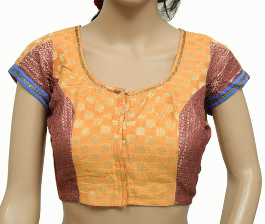 Sushila Vintage Readymade 32" Silk Sari Blouse Mustard Woven Designer Choli