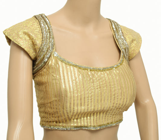Sushila Vintage Silk Readymade 28" Golden Sequins Work Padded Sari Blouse