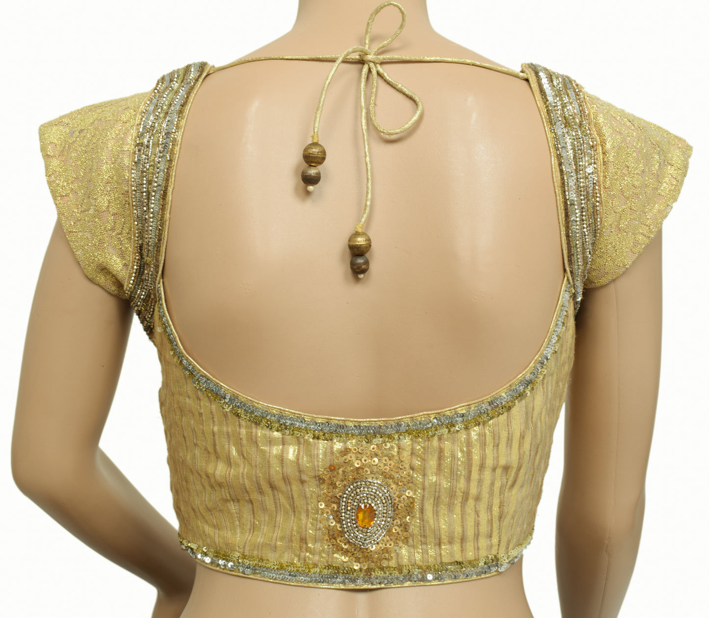 Sushila Vintage Silk Readymade 28" Golden Sequins Work Padded Sari Blouse