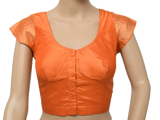Sushila Vintage Readymade 36" Sari Blouse Orange Pure Silk Woven Choli Top