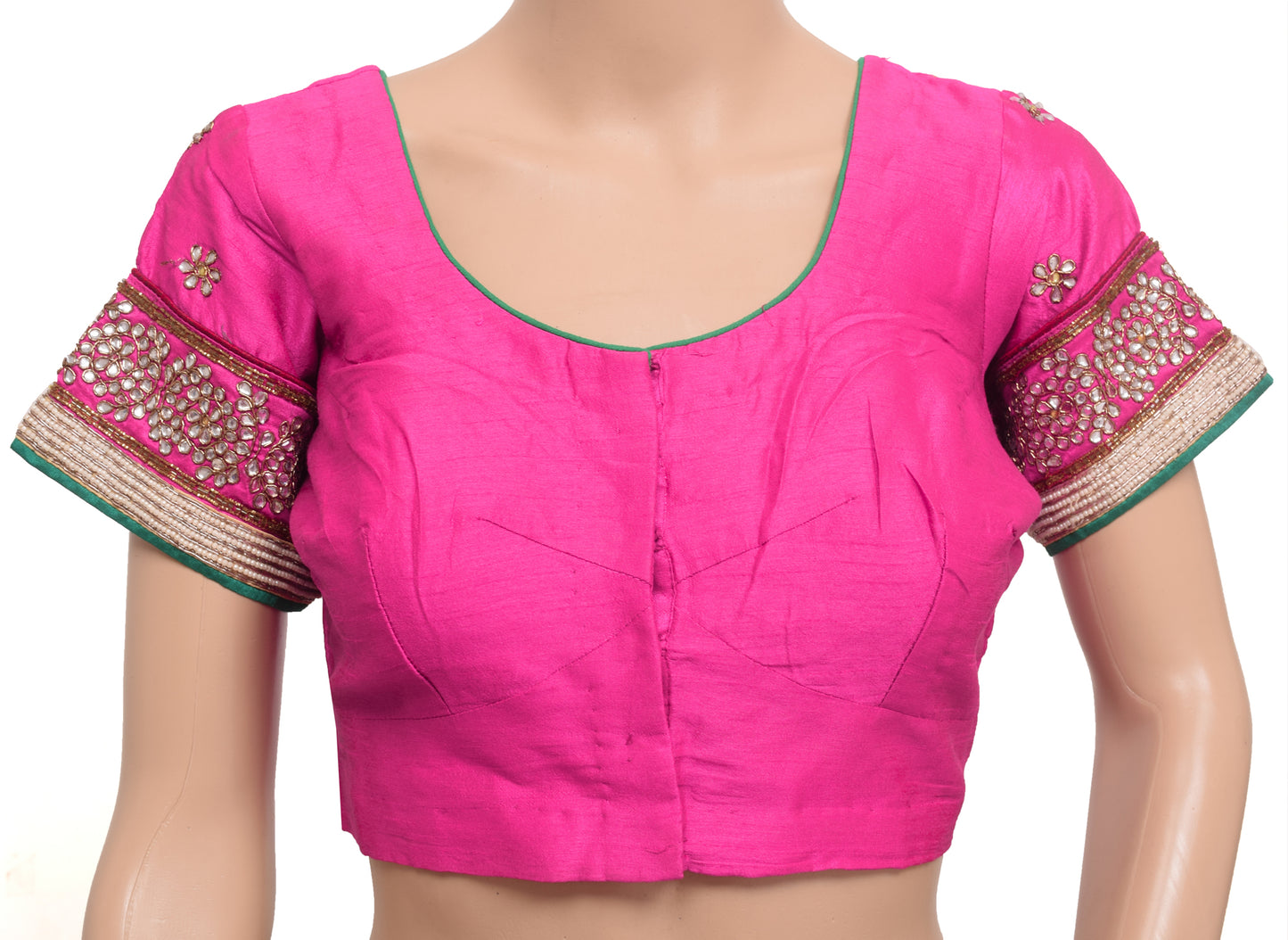 Sushila Vintage Readymade 36" Sari Blouse Pink Silk Hand Beaded Floral Top