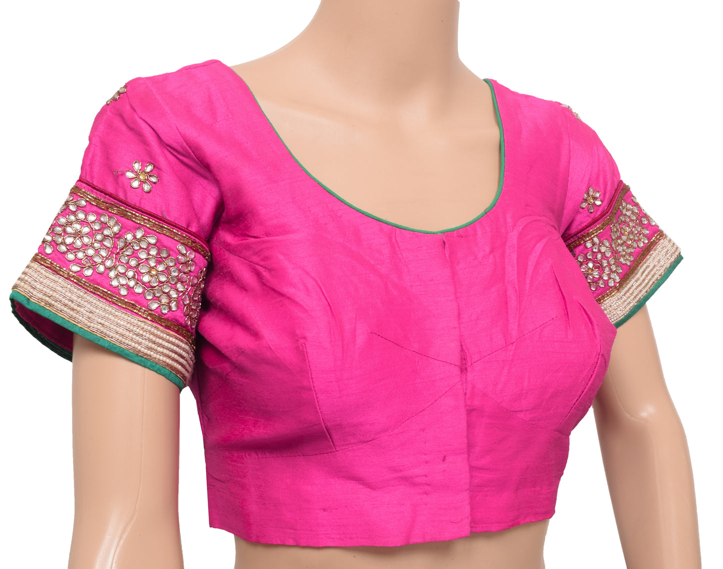 Sushila Vintage Readymade 36" Sari Blouse Pink Silk Hand Beaded Floral Top