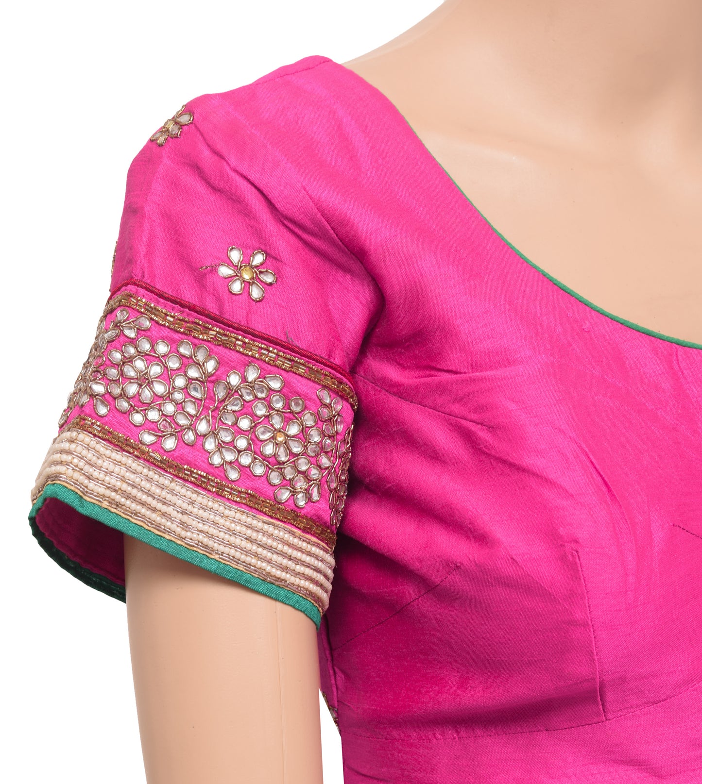 Sushila Vintage Readymade 36" Sari Blouse Pink Silk Hand Beaded Floral Top
