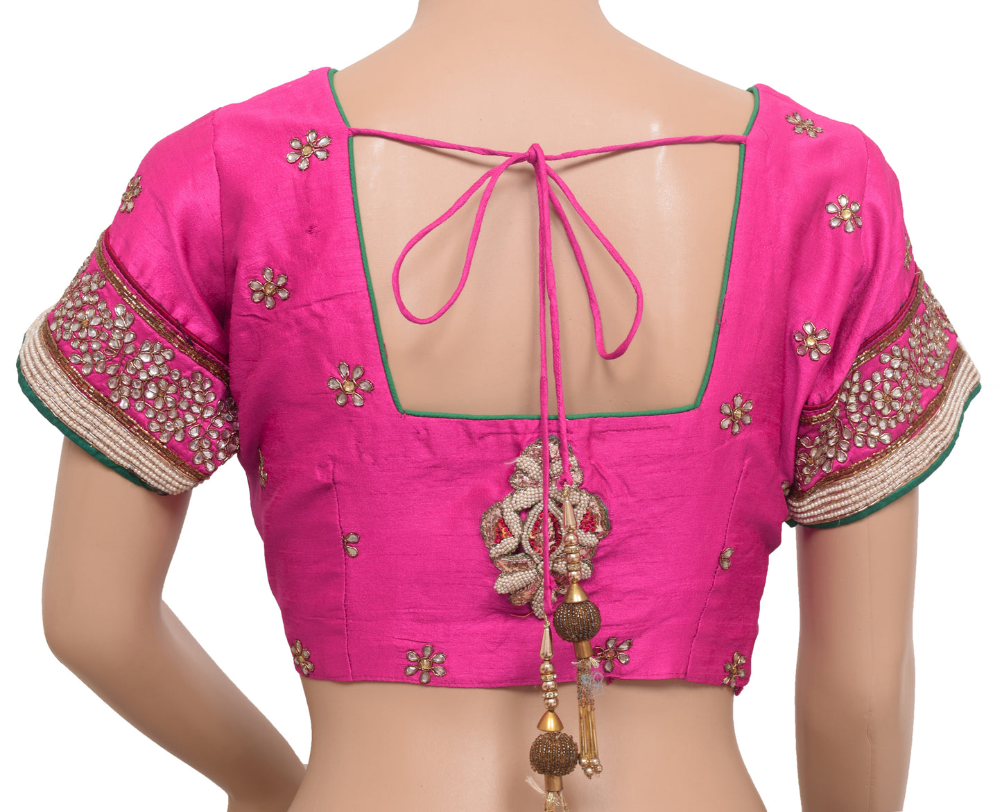 Sushila Vintage Readymade 36" Sari Blouse Pink Silk Hand Beaded Floral Top