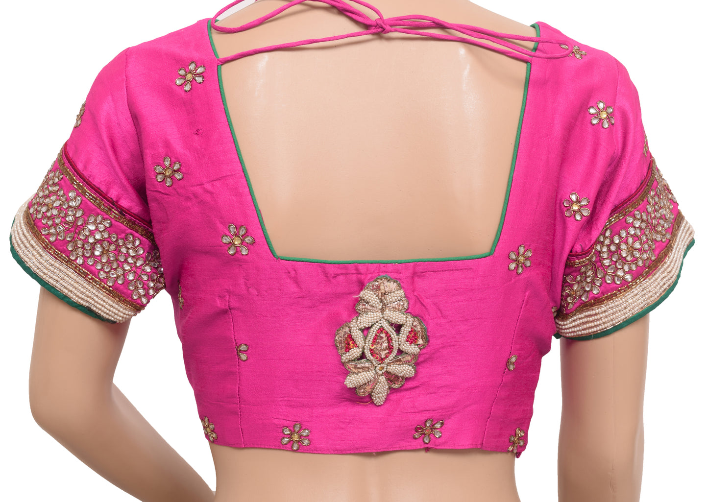 Sushila Vintage Readymade 36" Sari Blouse Pink Silk Hand Beaded Floral Top
