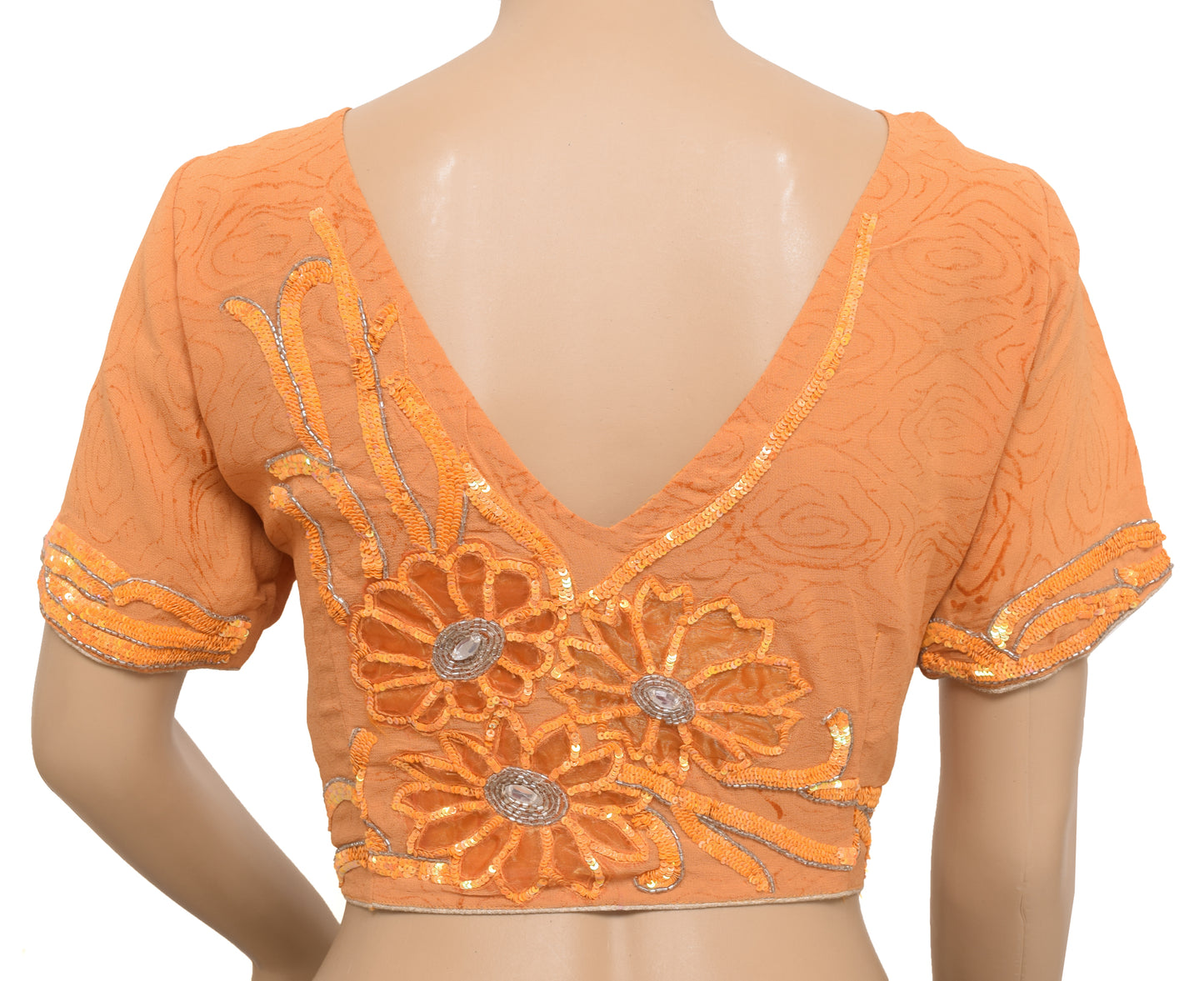 Sushila Vintage Orange Readymade 36" Sari Blouse Georgette Hand Beaded Top