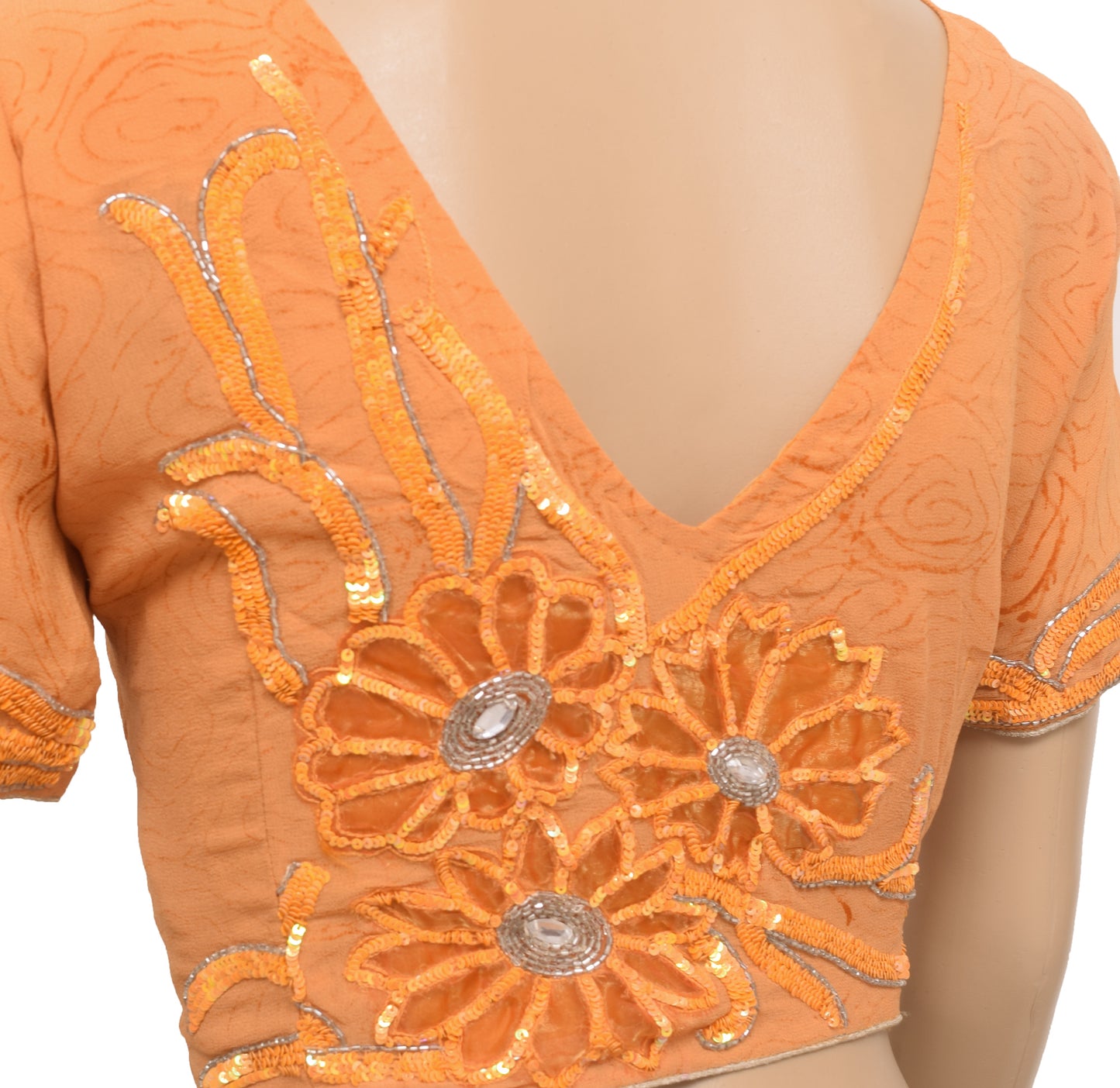 Sushila Vintage Orange Readymade 36" Sari Blouse Georgette Hand Beaded Top