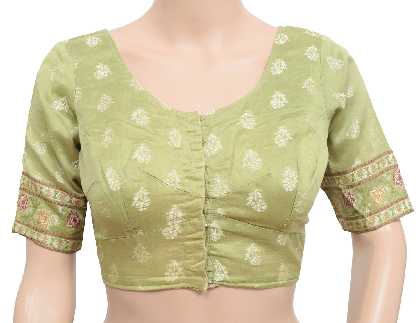 Sushila Vintage Readymade 34" Sari Blouse Green Silk Woven Designer Choli