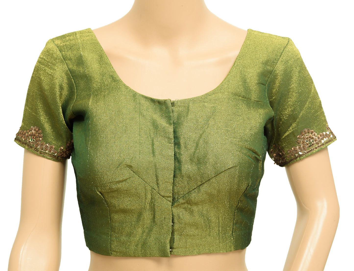 Sushila Vintage Readymade 32"Sari Blouse Green Tissue Hand Beaded Top