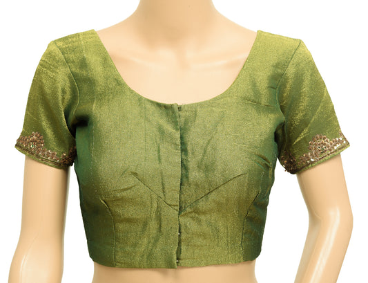 Sushila Vintage Readymade 32"Sari Blouse Green Tissue Hand Beaded Top