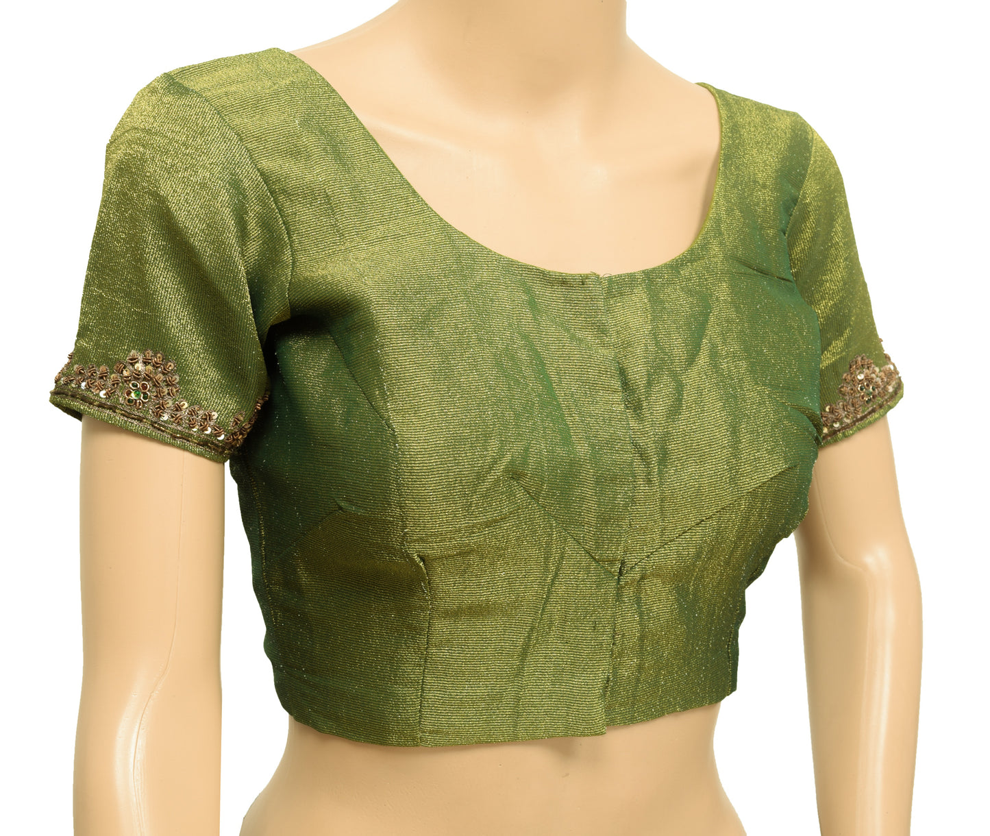 Sushila Vintage Readymade 32"Sari Blouse Green Tissue Hand Beaded Top