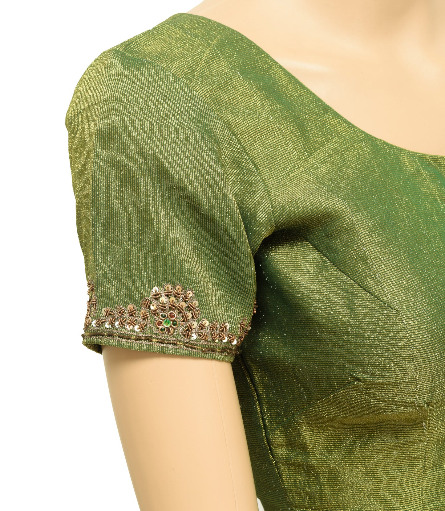 Sushila Vintage Readymade 32"Sari Blouse Green Tissue Hand Beaded Top