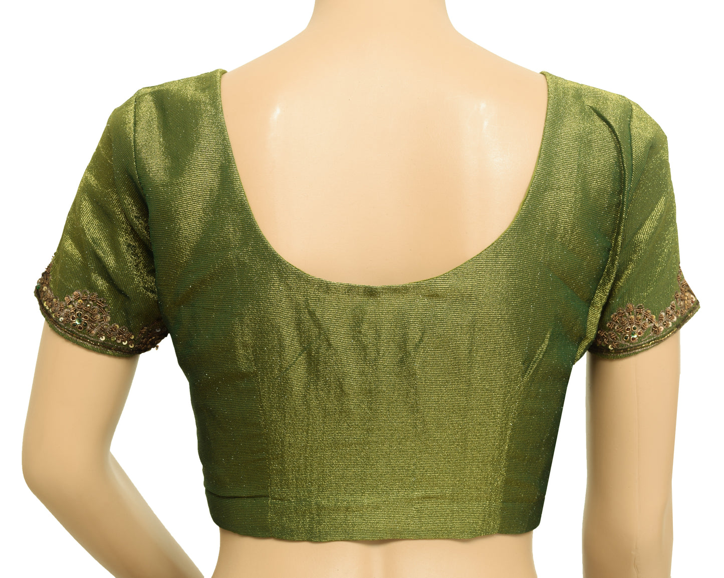 Sushila Vintage Readymade 32"Sari Blouse Green Tissue Hand Beaded Top