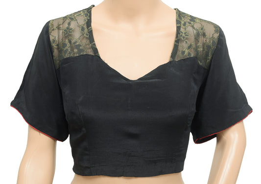 Sushila Vintage Readymade 36"Sari Blouse Black Crepe Woven Designer Top