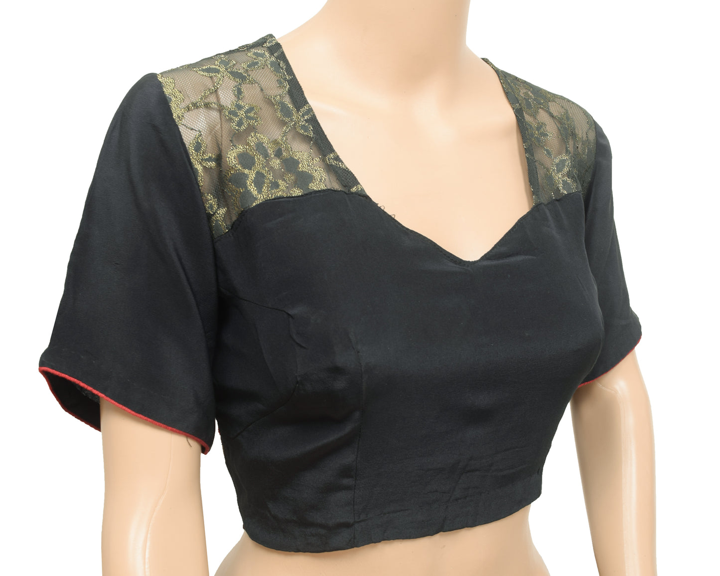 Sushila Vintage Readymade 36"Sari Blouse Black Crepe Woven Designer Top