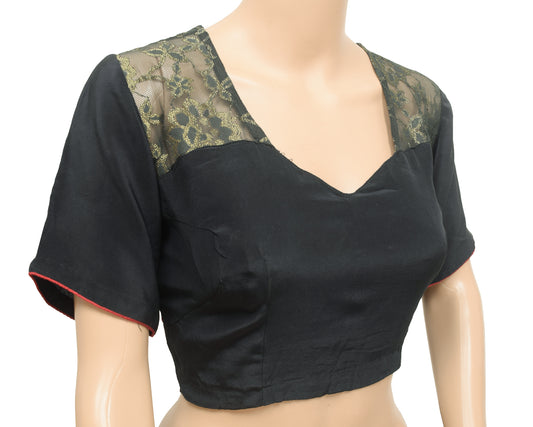 Sushila Vintage Readymade 36"Sari Blouse Black Crepe Woven Designer Top