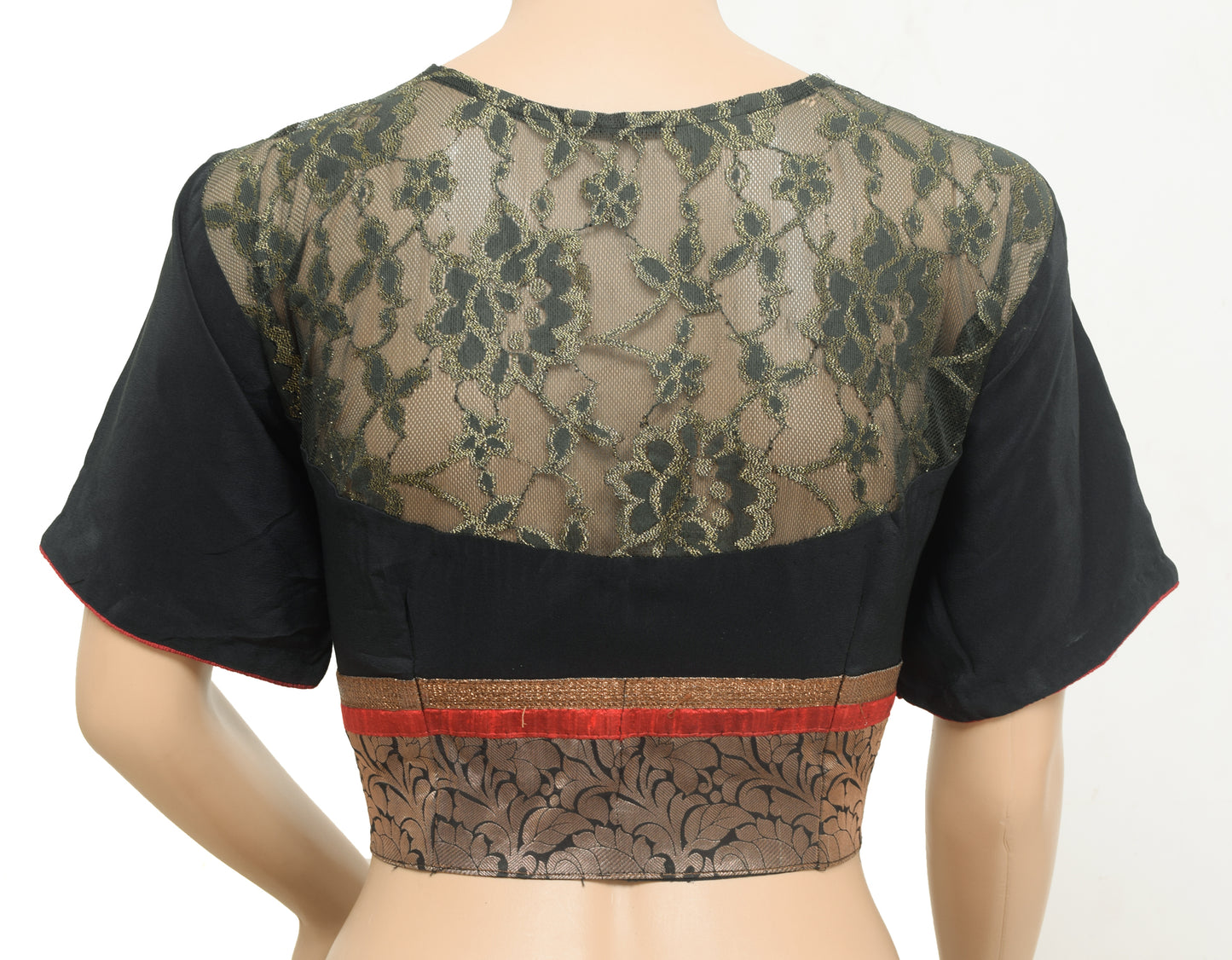 Sushila Vintage Readymade 36"Sari Blouse Black Crepe Woven Designer Top