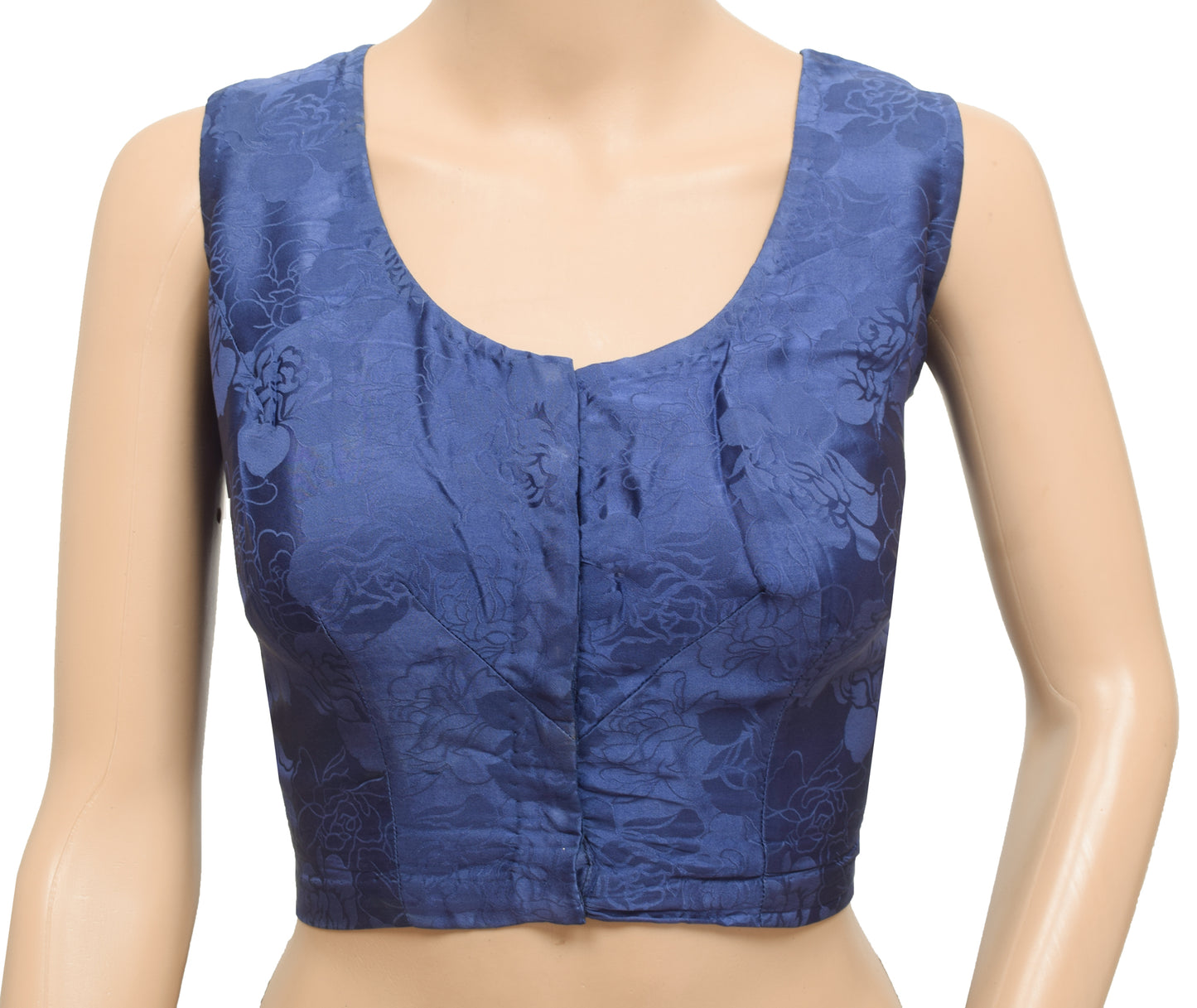 Sushila Vintage Readymade 42" Blue Sleeveless Sari Blouse Woven Floral Top