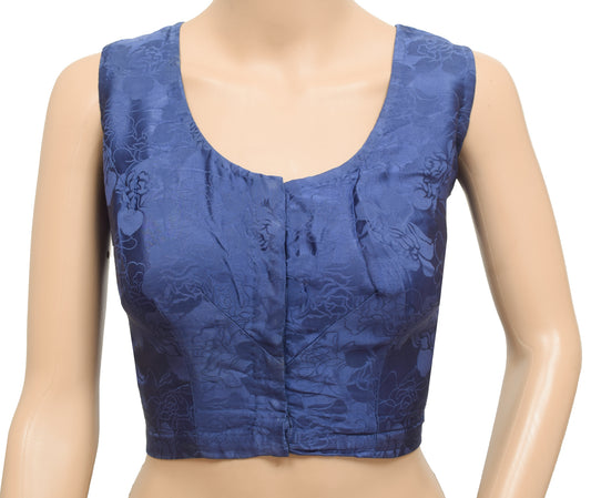Sushila Vintage Readymade 42" Blue Sleeveless Sari Blouse Woven Floral Top