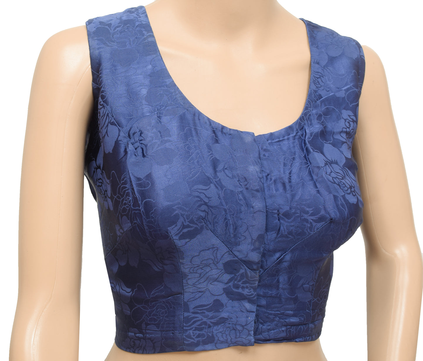 Sushila Vintage Readymade 42" Blue Sleeveless Sari Blouse Woven Floral Top