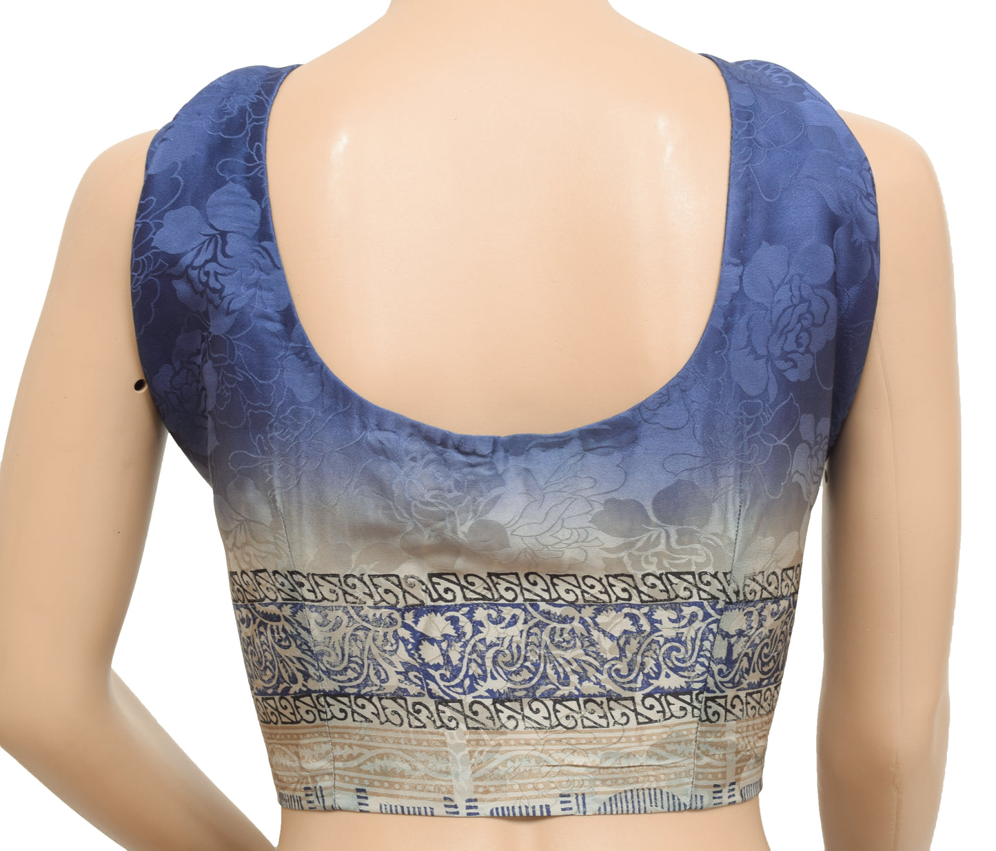 Sushila Vintage Readymade 42" Blue Sleeveless Sari Blouse Woven Floral Top