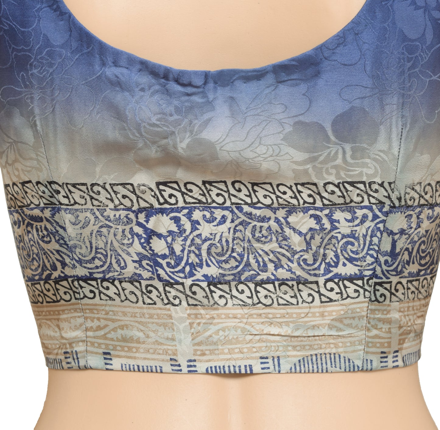 Sushila Vintage Readymade 42" Blue Sleeveless Sari Blouse Woven Floral Top
