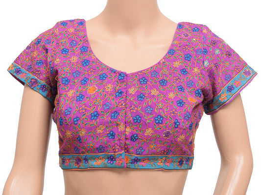 Sushila Vintage Purple Readymade Stitched Sari Blouse Crepe Silk Aari Work Top 34"