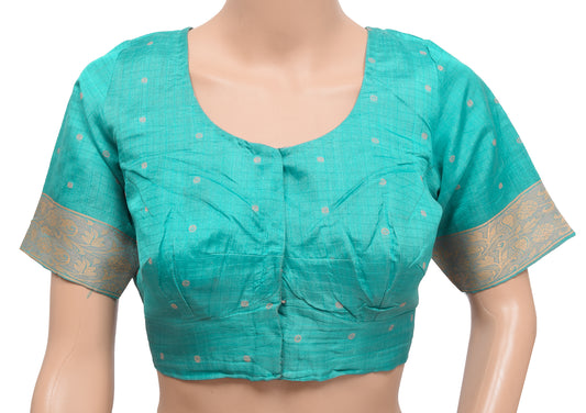 Sushila Vintage Aqua Blue Readymade Stitched Sari Blouse Silk Woven Designer Top