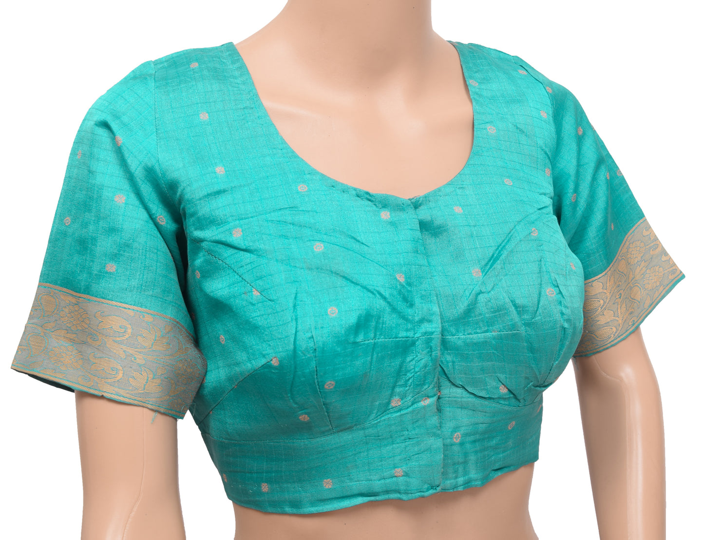 Sushila Vintage Aqua Blue Readymade Stitched Sari Blouse Silk Woven Designer Top 36"