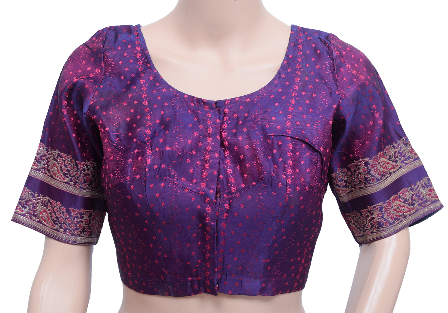 Sushila Vintage Readymade 34"Sari Blouse Blue & Magenat Woven Satin Top