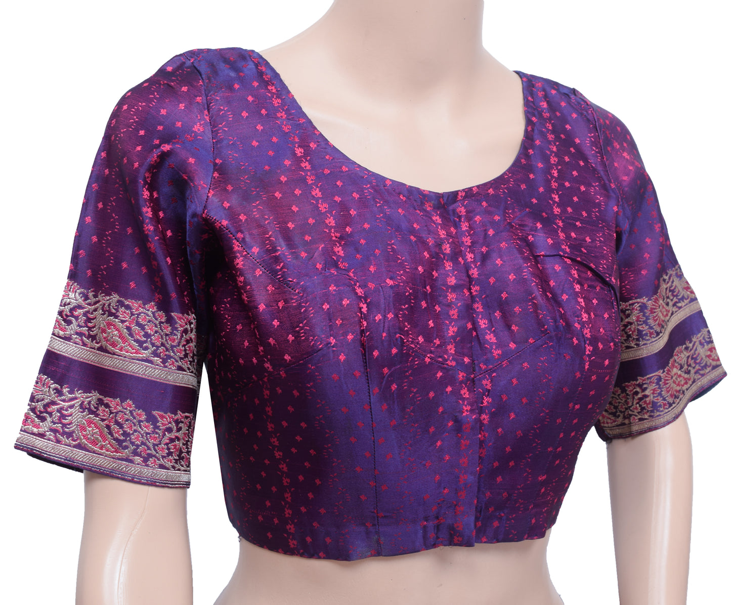 Sushila Vintage Readymade 34"Sari Blouse Blue & Magenat Woven Satin Top