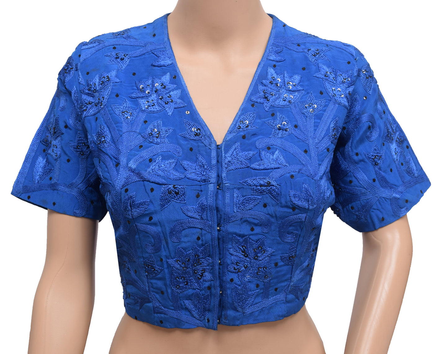 Sushila Vintage Readymade 40"Sari Blouse Pure Crepe Blue Embroidered Top