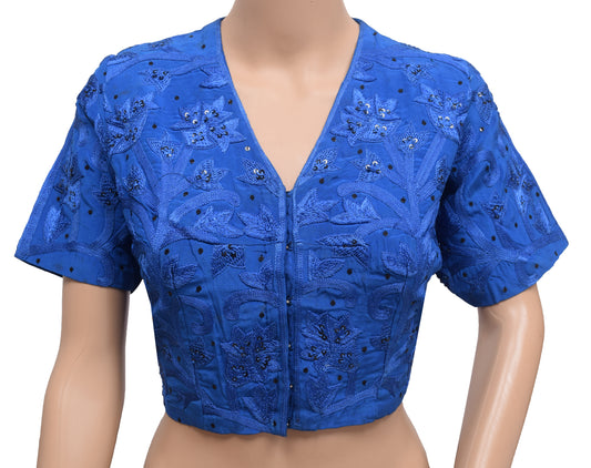 Sushila Vintage Readymade 40"Sari Blouse Pure Crepe Blue Embroidered Top