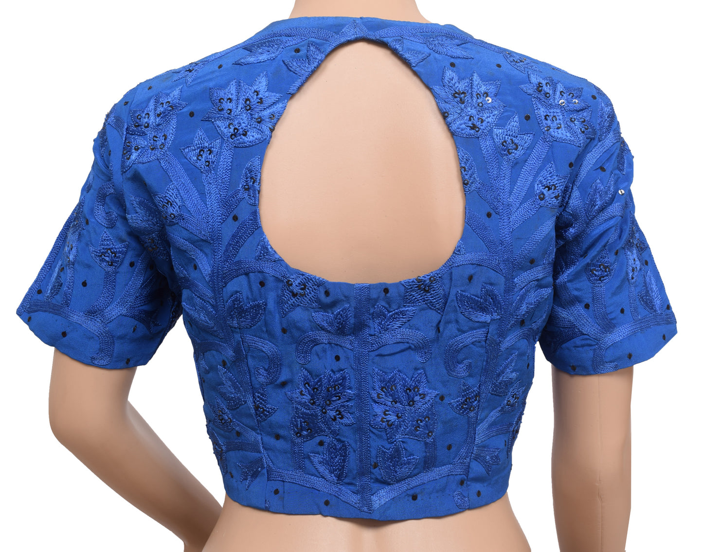 Sushila Vintage Readymade 40"Sari Blouse Pure Crepe Blue Embroidered Top