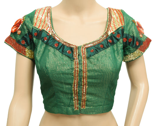 Sushila Vintage Readymade Stitched Sari Blouse Green Hand Beaded Designer Top